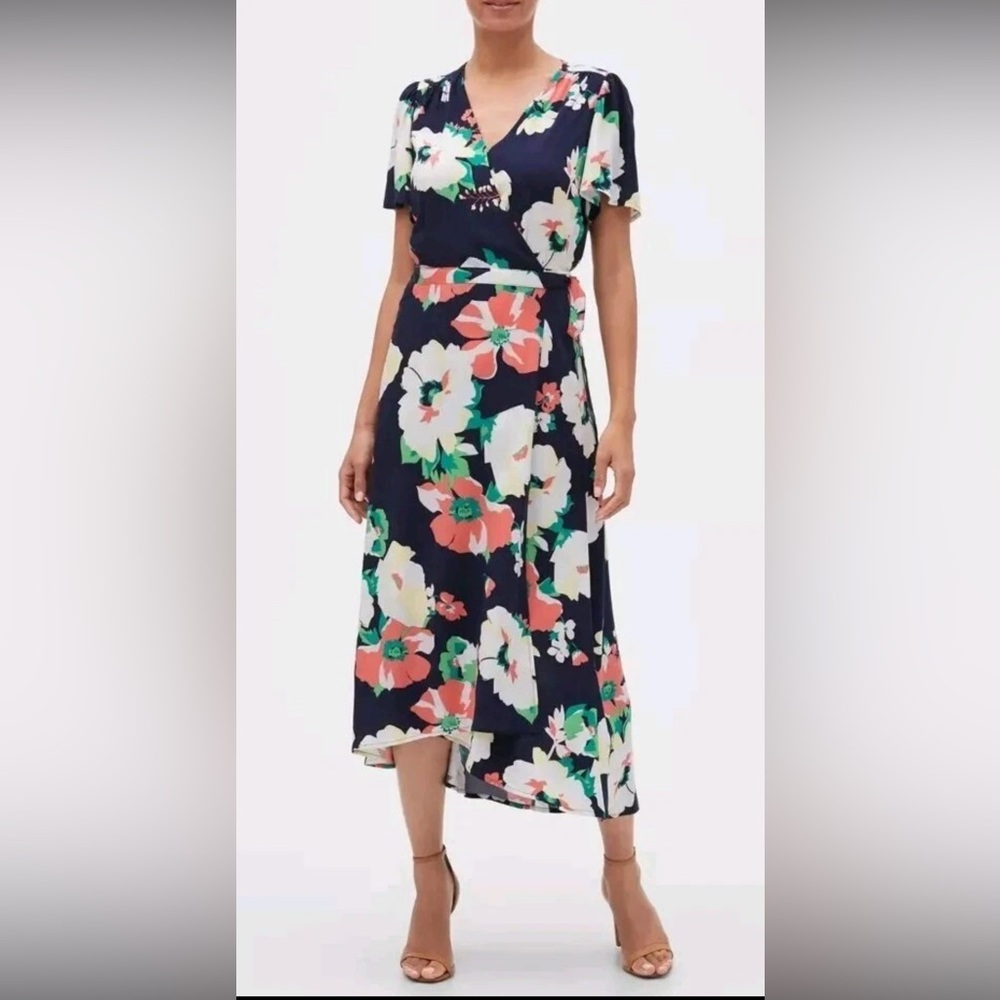 GAP Floral Wrap Midi Dress Short Sleeve Navy Blue Pink White V Neck L Large